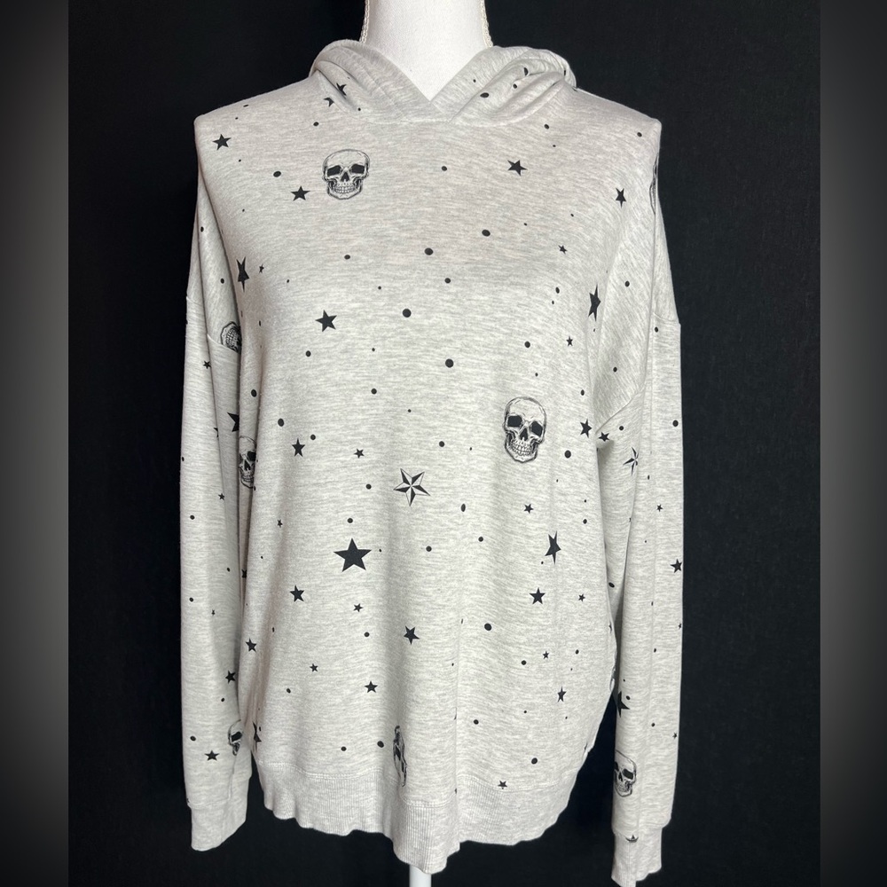 Cynthia Rowley Light Gray Hoodie Sweatshirt with Black Star & Skull Print